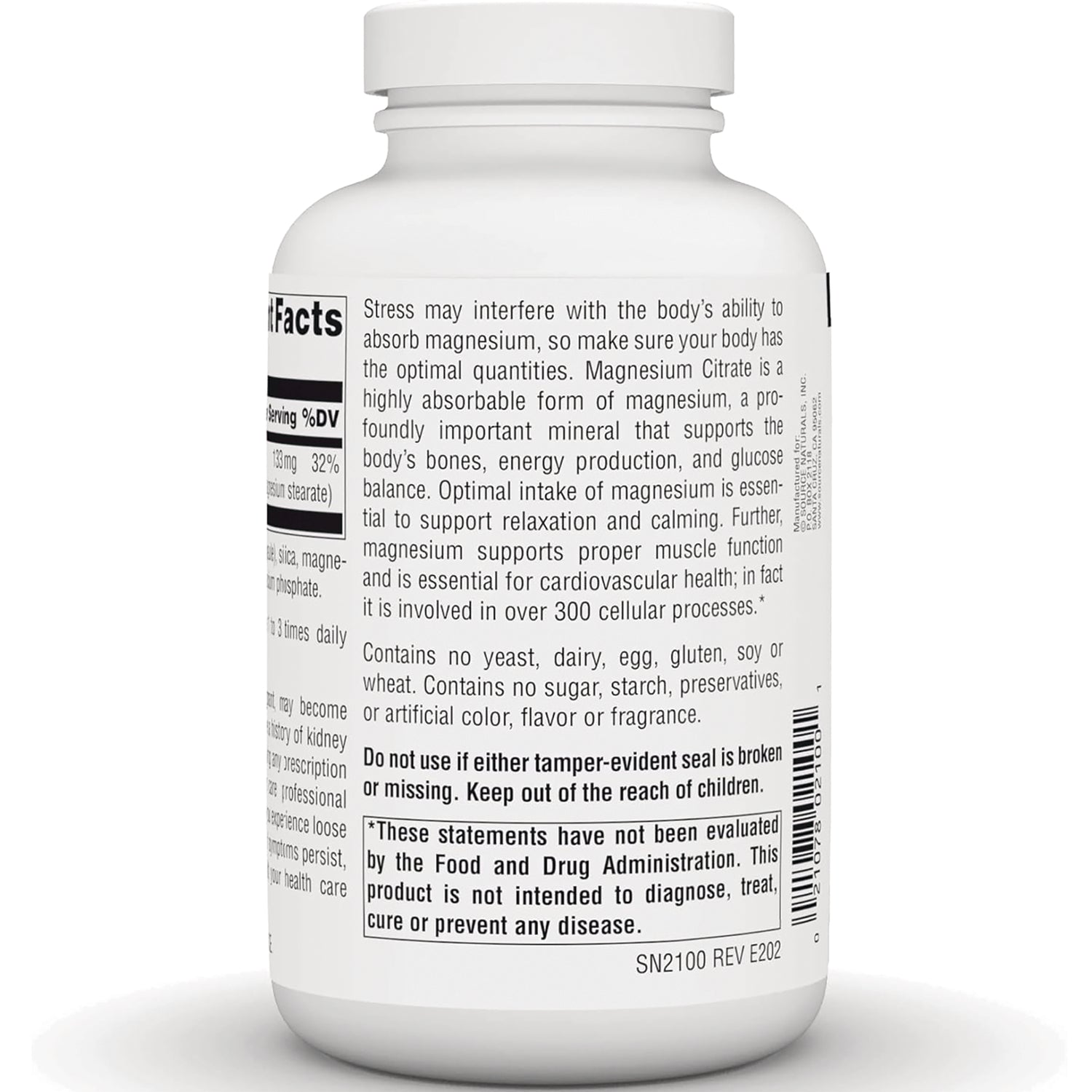 SN536 | Back label with Supplement Facts, magnesium information, and tamper-evident seal warning