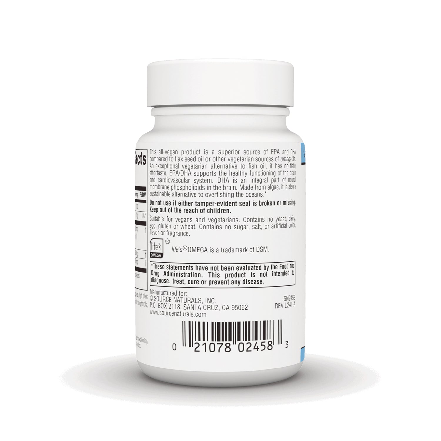 SN523 | Back label of supplement bottle with usage warnings, vegan statement, FDA disclaimer, and barcode