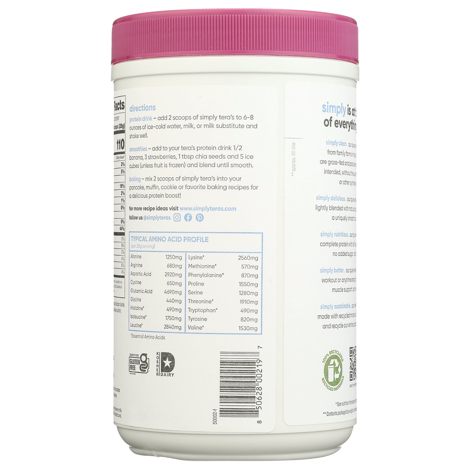 TER004 | Back label showing directions and Typical Amino Acid Profile chart on protein powder container