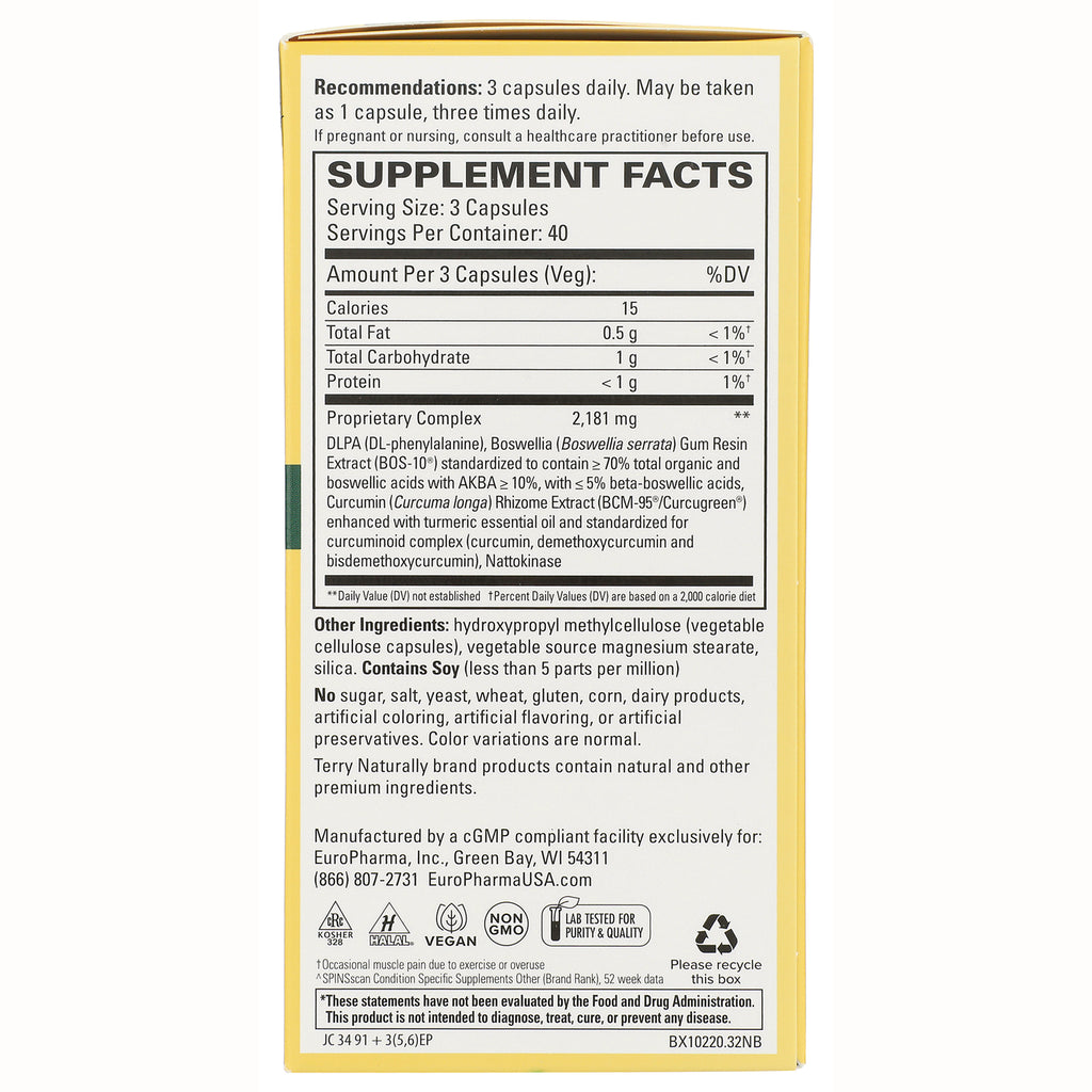 EUR002 | Supplement facts panel and ingredients list on back of yellow supplement box, serving size 3 capsules - Thumbnail