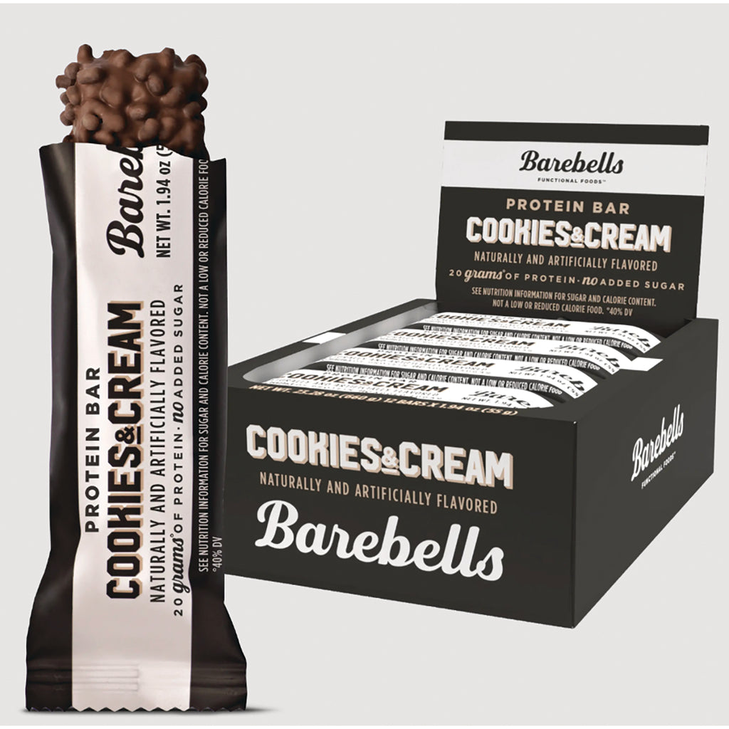 BAE003 | Cookies & Cream Barebells protein bar with chocolate-coated crisp pieces beside an open display box of bars - Thumbnail