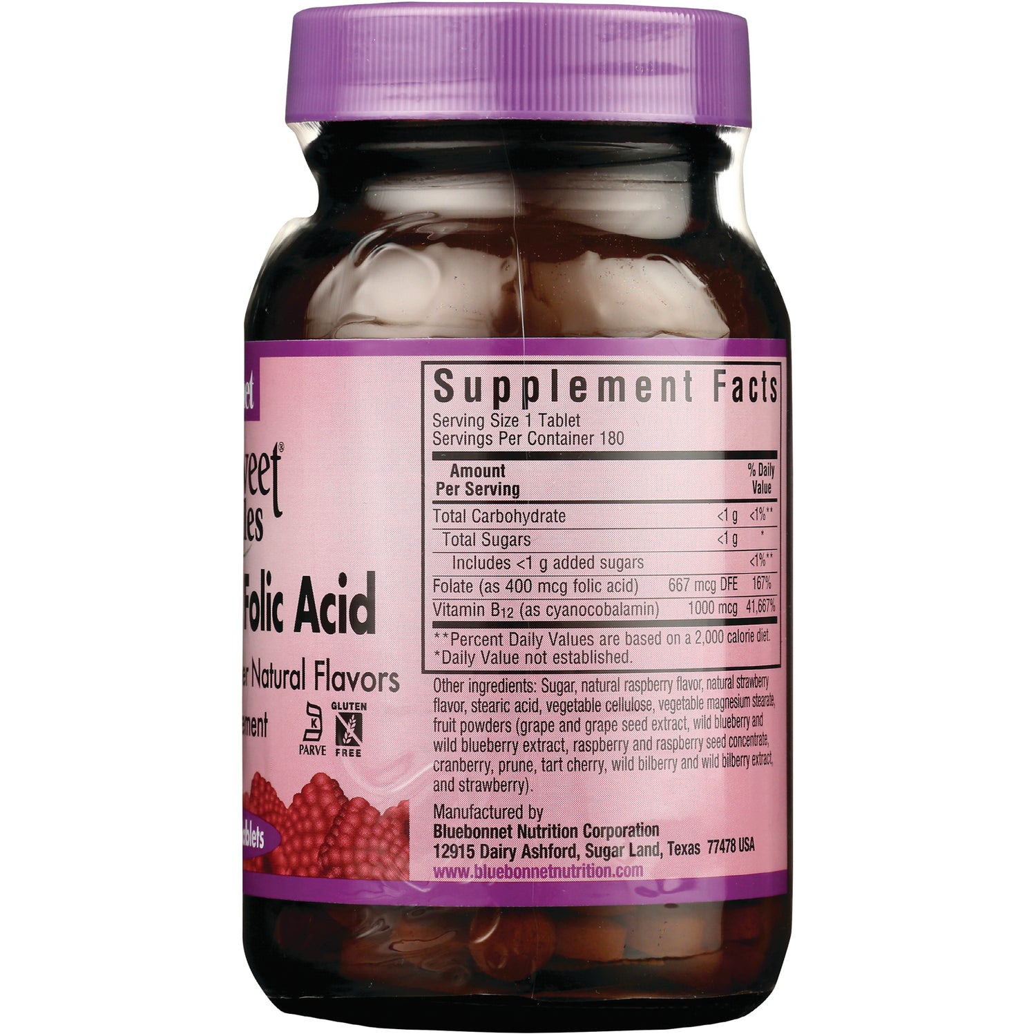 BLU074 | back of pink supplement bottle showing Supplement Facts panel, ingredient list and manufacturer information