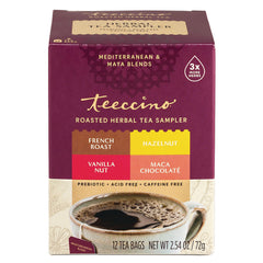 TCN034 | Teecino Roasted Herbal Tea Sampler, 12 tea bags; flavors: French Roast, Hazelnut, Vanilla Nut, Maca Chocolat