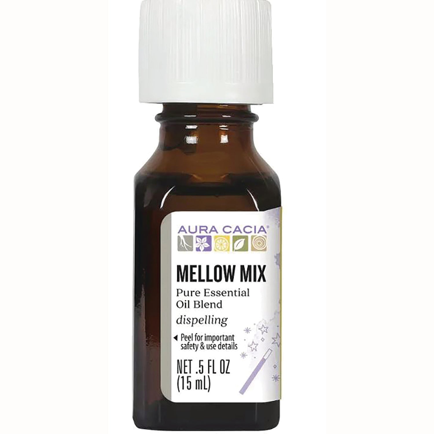 ARC046 | Aura Cacia Mellow Mix pure essential oil blend bottle 0.5 fl oz (15 mL), brown glass with white cap