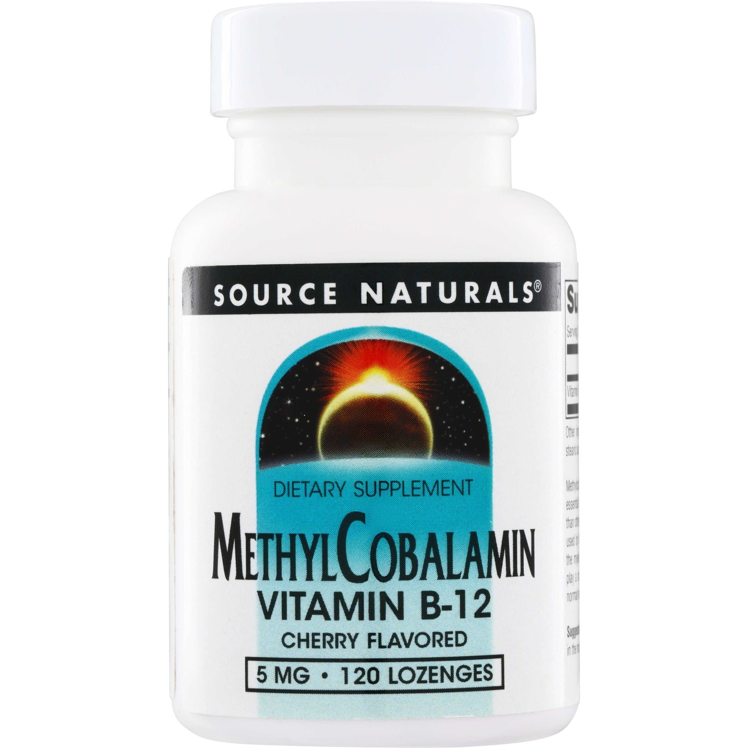 SN354 | Source Naturals Methylcobalamin Vitamin B-12, cherry flavored, 5 mg, 120 lozenges