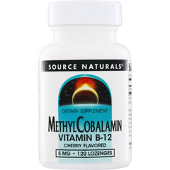 SN354 | Source Naturals Methylcobalamin Vitamin B-12, cherry flavored, 5 mg, 120 lozenges
