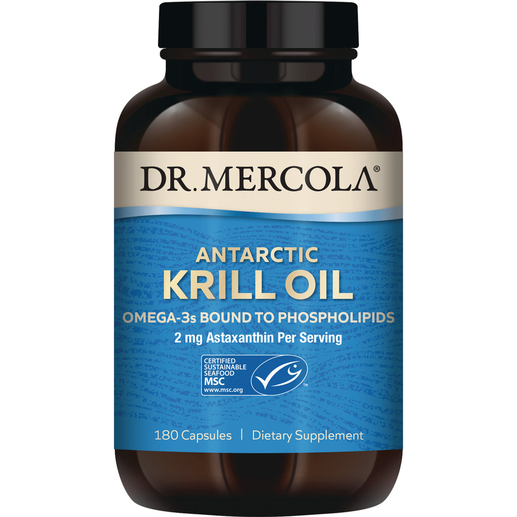 MRC092 | Dr. Mercola Antarctic Krill Oil bottle front showing 180 capsules dietary supplement label - Thumbnail