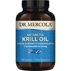 MRC092 | Dr. Mercola Antarctic Krill Oil bottle front showing 180 capsules dietary supplement label