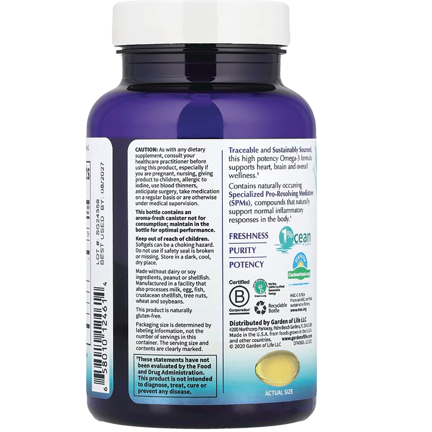 GLF321 | Rear label with supplement caution, ingredients, certifications and a softgel illustration