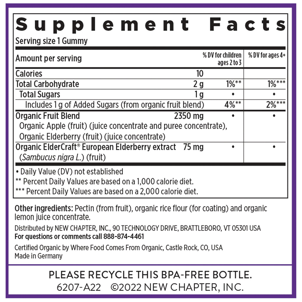NWC354 | Supplement Facts panel showing serving size 1 gummy, organic fruit blend, ingredients, distributor contact and recycle notice - Thumbnail