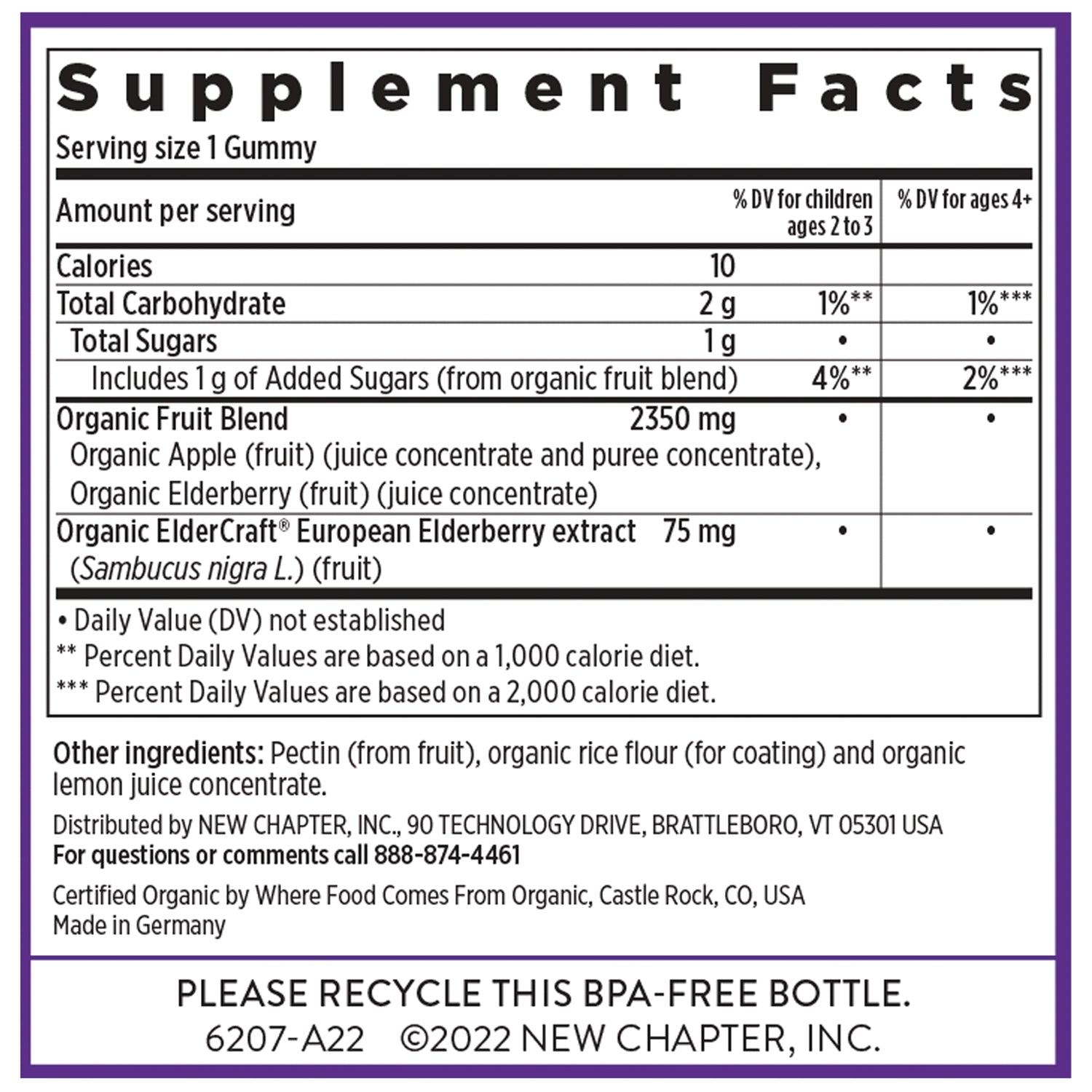 NWC354 | Supplement Facts panel showing serving size 1 gummy, organic fruit blend, ingredients, distributor contact and recycle notice