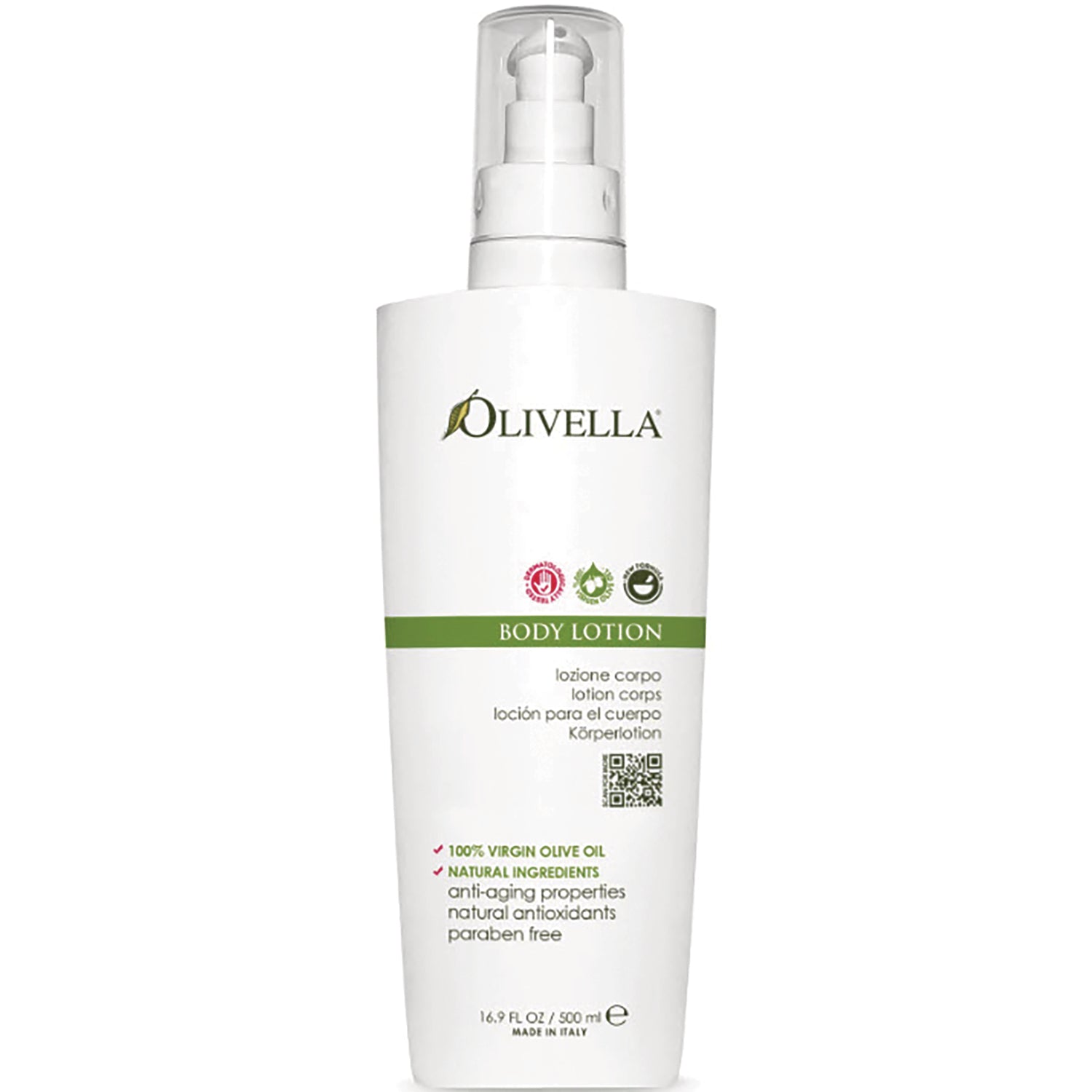 OLV006 | Olivella body lotion white pump bottle with green band labeled BODY LOTION 16.9 fl oz 500 ml