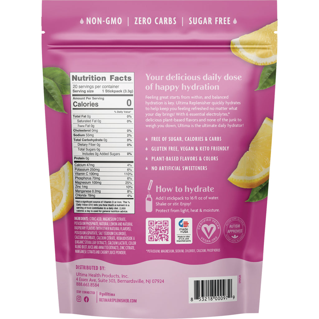 UHP025 | Back of Ultima Replenisher hydration mix pouch with Nutrition Facts and usage instructions - Thumbnail