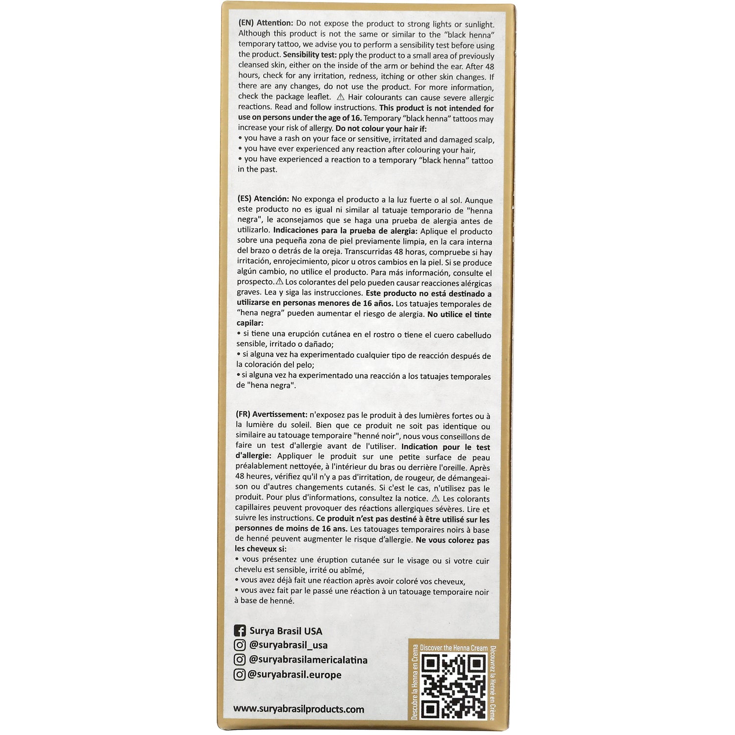 SUR022 | Back of box with safety warnings in English, Spanish, and French, social handles, website, and QR code