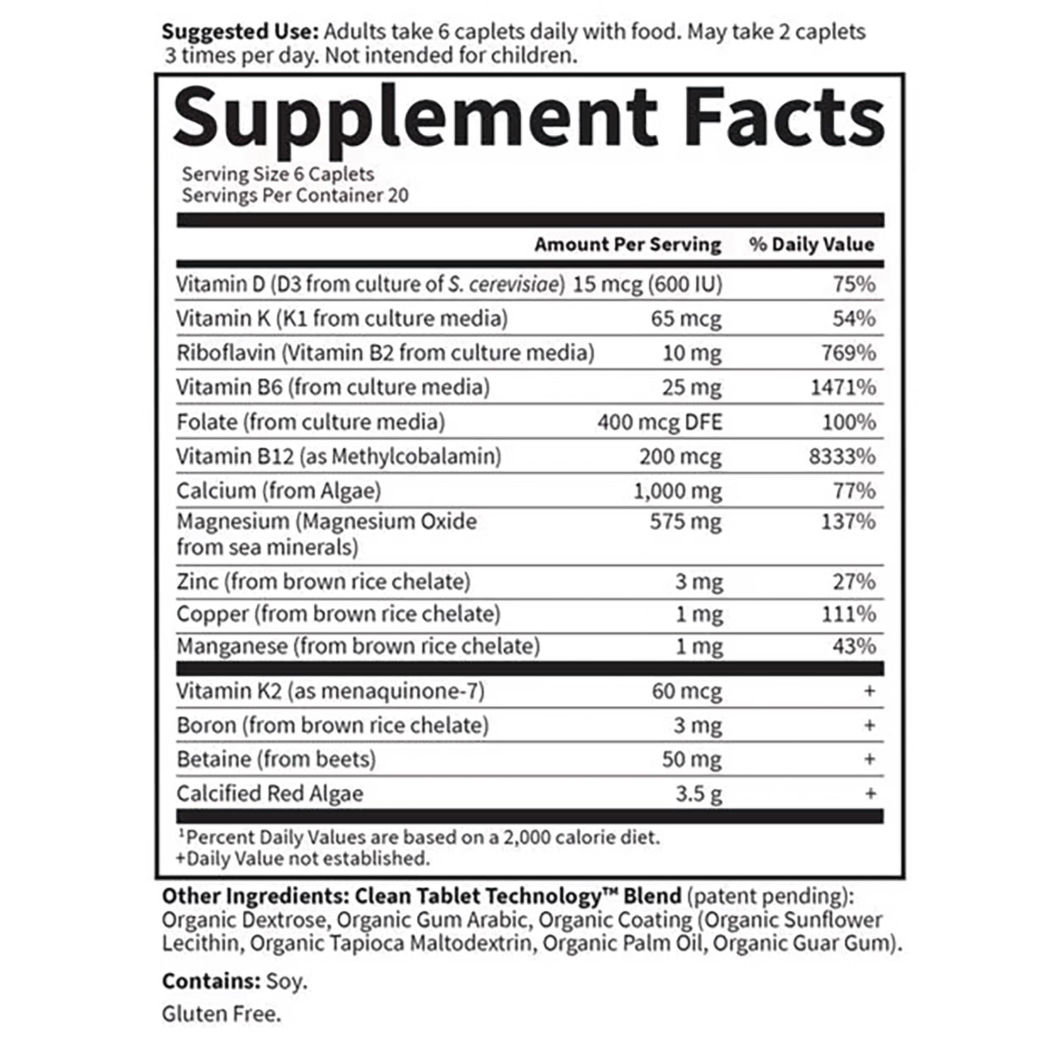 GLF386 | Supplement Facts label listing serving size, vitamins, minerals, and other ingredients on back panel