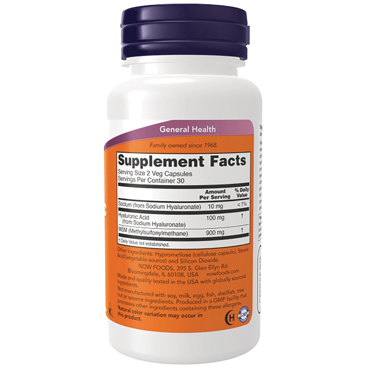 NWF055 | Back of white supplement bottle showing Supplement Facts label, ingredient details, and orange panel under purple cap