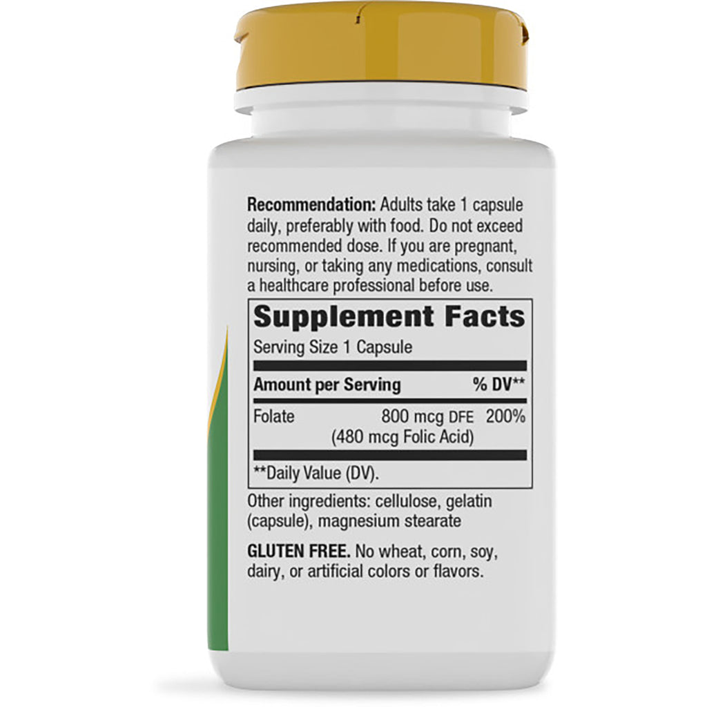NW934 | Back of white supplement bottle with yellow cap showing Supplement Facts listing Folate 800 mcg DFE (480 mcg Folic Acid) and recommendation to take 1 capsule daily - Thumbnail