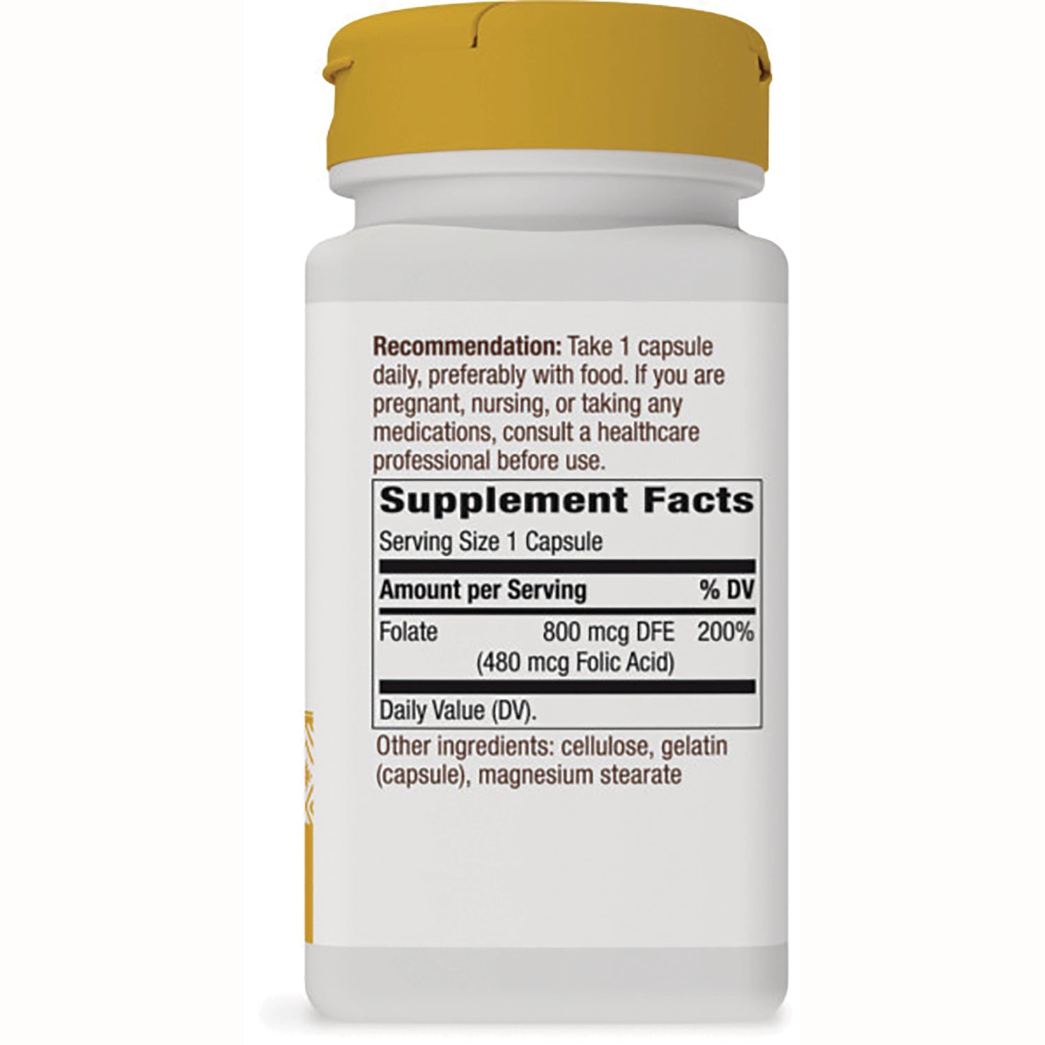 NW934 | Back of white supplement bottle with yellow cap showing Supplement Facts listing Folate 800 mcg DFE (480 mcg Folic Acid) and recommendation to take 1 capsule daily