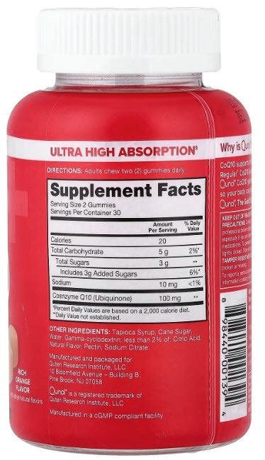 QNL013 | Back label showing Supplement Facts, serving size 2 gummies, Coenzyme Q10 100 mg, other ingredients listed