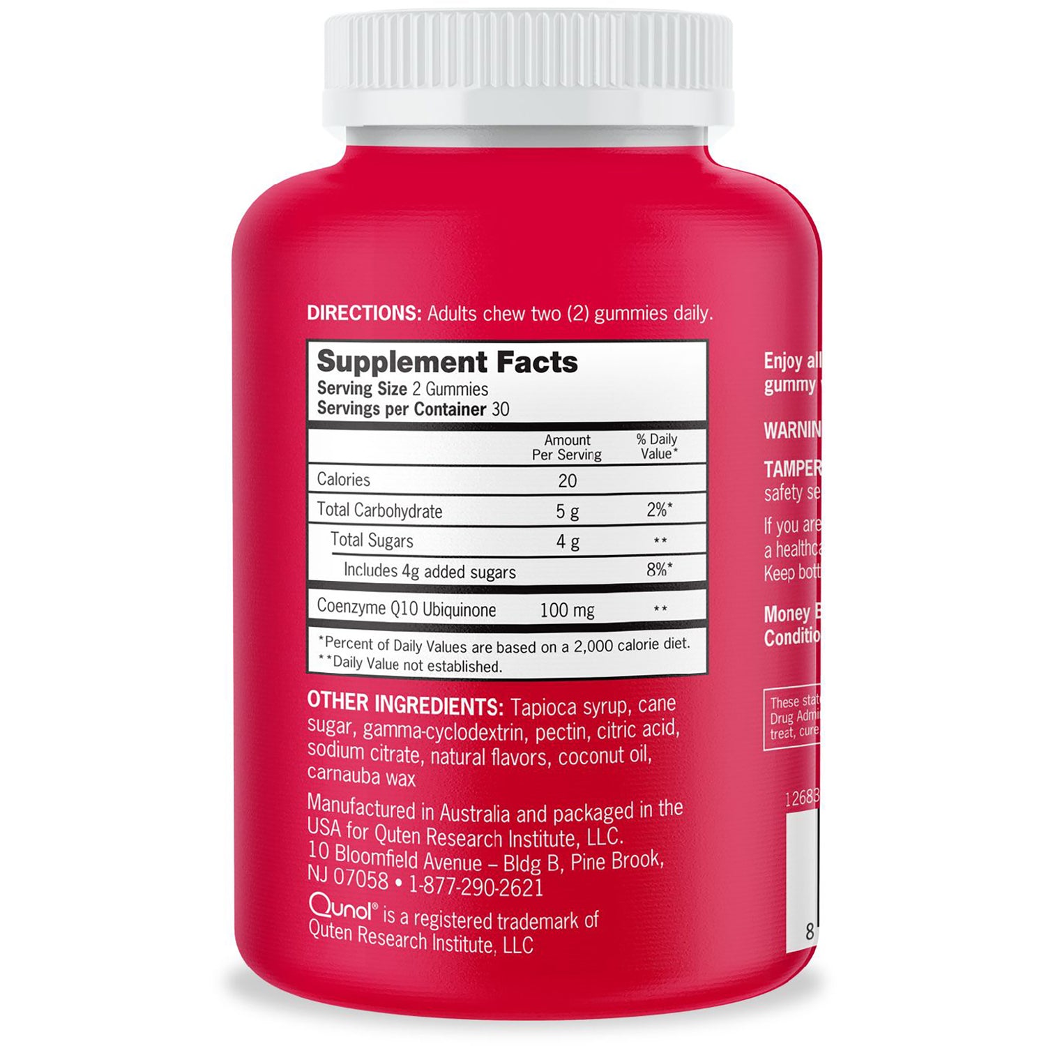 QNL013 | Back label showing Supplement Facts, serving size 2 gummies, Coenzyme Q10 100 mg, other ingredients listed