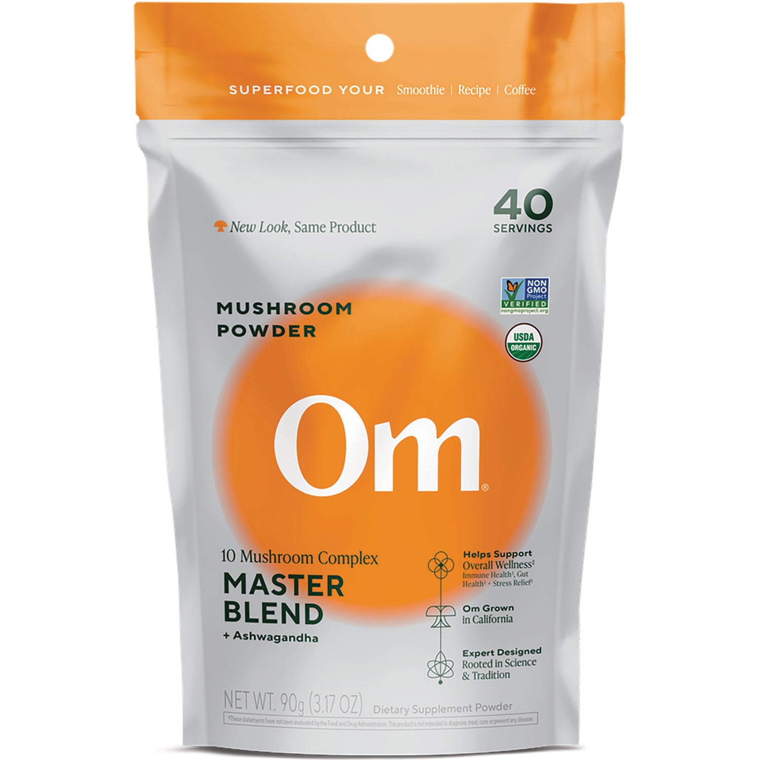MMX032 | Om Master Blend mushroom superfood pouch front, 40 servings, 10 mushrooms, 250 mg ashwagandha, certified organic