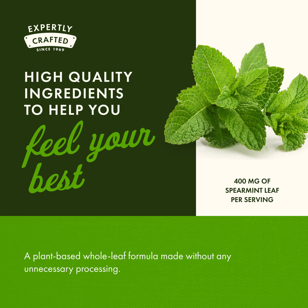 SW1261 | Swanson Full Spectrum Spearmint Leaf supplement bottle with benefits and quality text and a spearmint leaves - Thumbnail