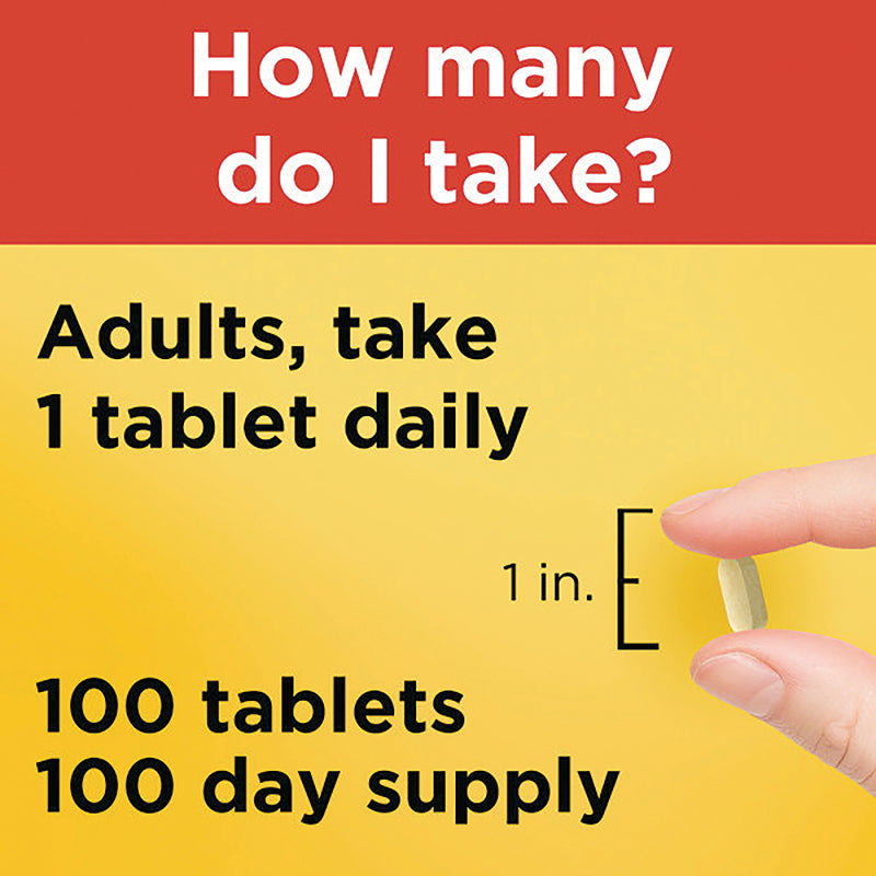 NTM052 | Back panel: Adults take 1 tablet daily; 100 tablets 100 day supply, fingers holding tablet