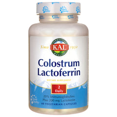 KL519 | KAL Colostrum Lactoferrin supplement bottle front label, 60 vegetarian capsules, 2 Daily dosage