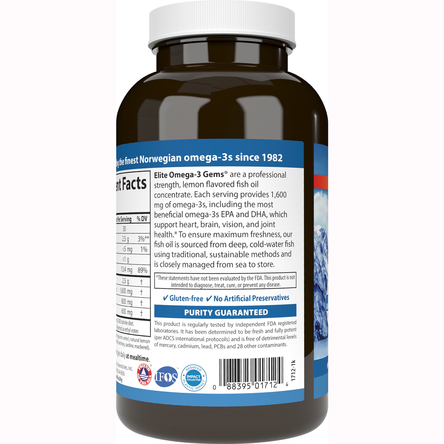 CSN114 | Back label of brown supplement bottle showing supplement facts panel, purity guaranteed note and barcode