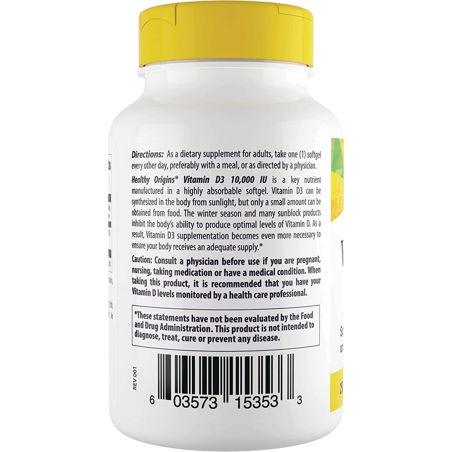HRG072 | Back label of white supplement bottle showing directions, caution text and barcode