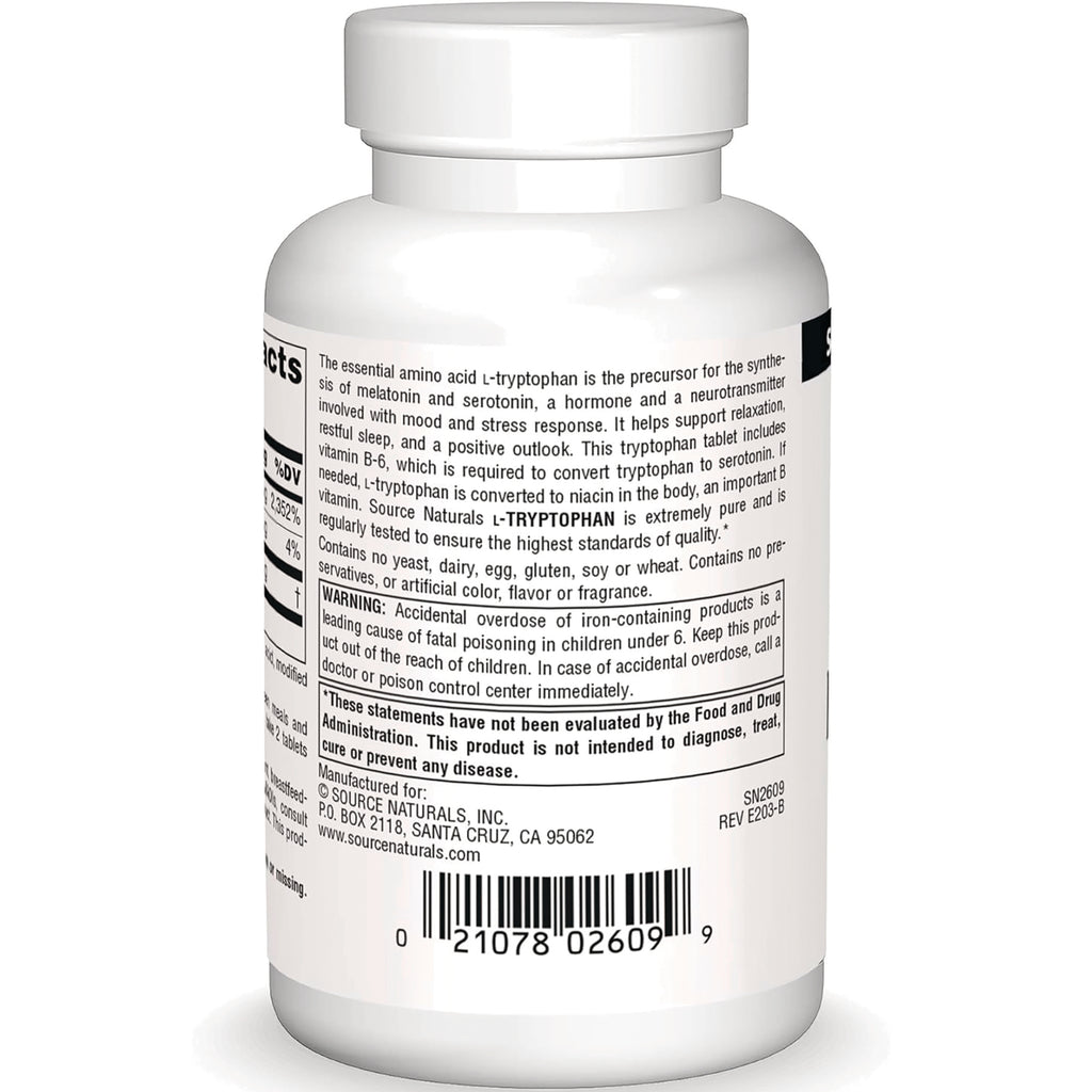 SN568 | Source Naturals L-Tryptophan supplement bottle back label with warnings and barcode - Thumbnail
