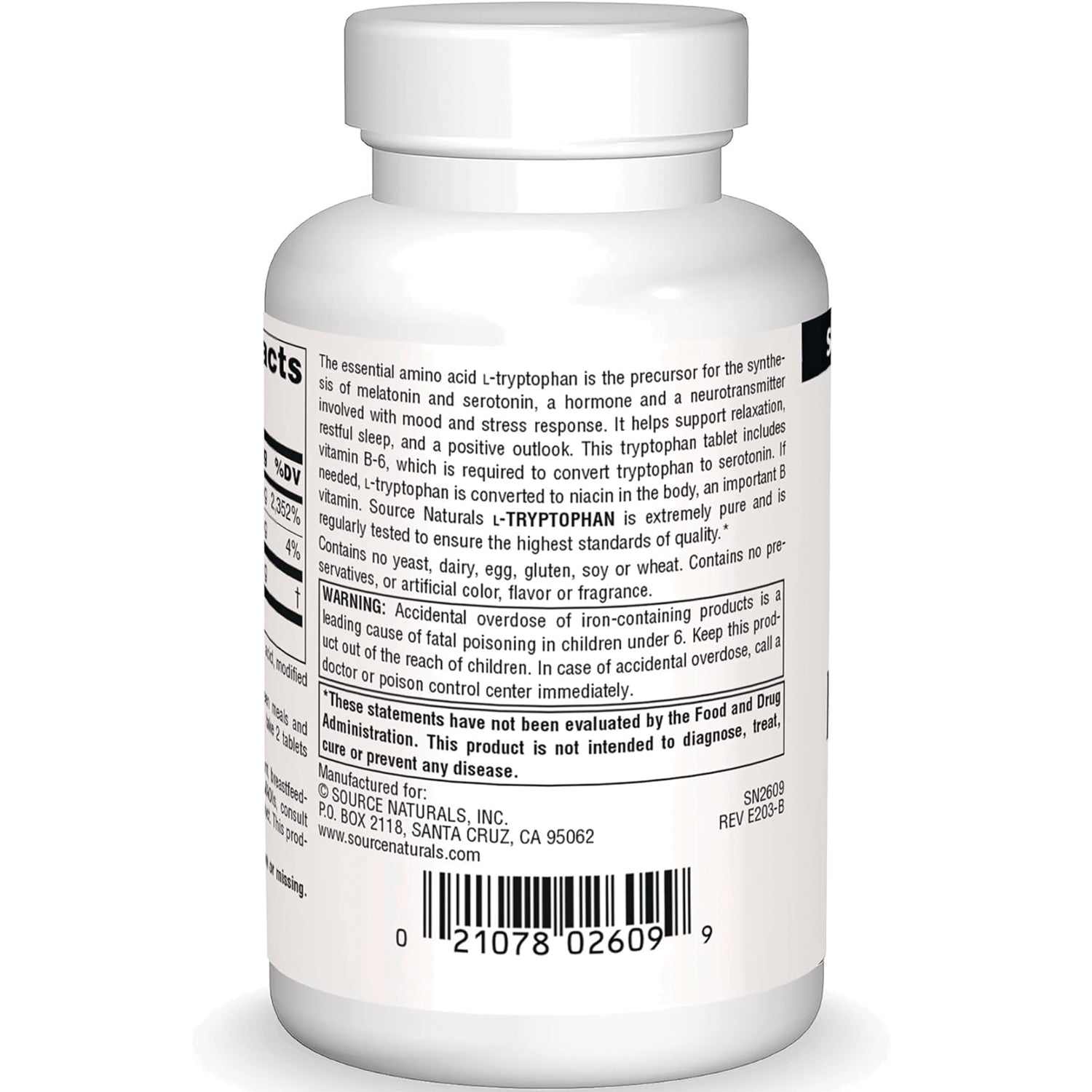 SN568 | Source Naturals L-Tryptophan supplement bottle back label with warnings and barcode