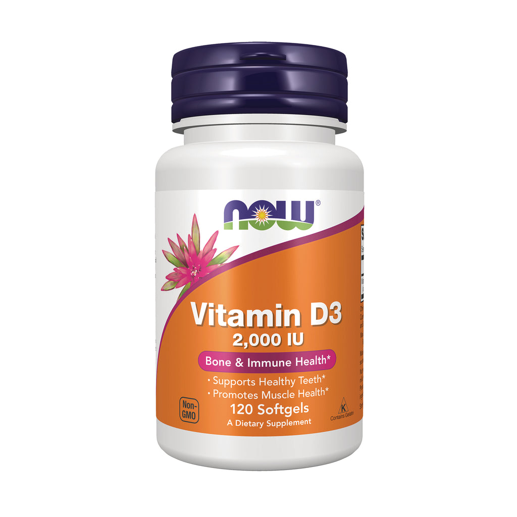 NWF158 | NOW High Potency Vitamin D-3 2,000 IU bottle, 120 softgels, orange label - Thumbnail