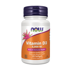 NWF158 | NOW High Potency Vitamin D-3 2,000 IU bottle, 120 softgels, orange label