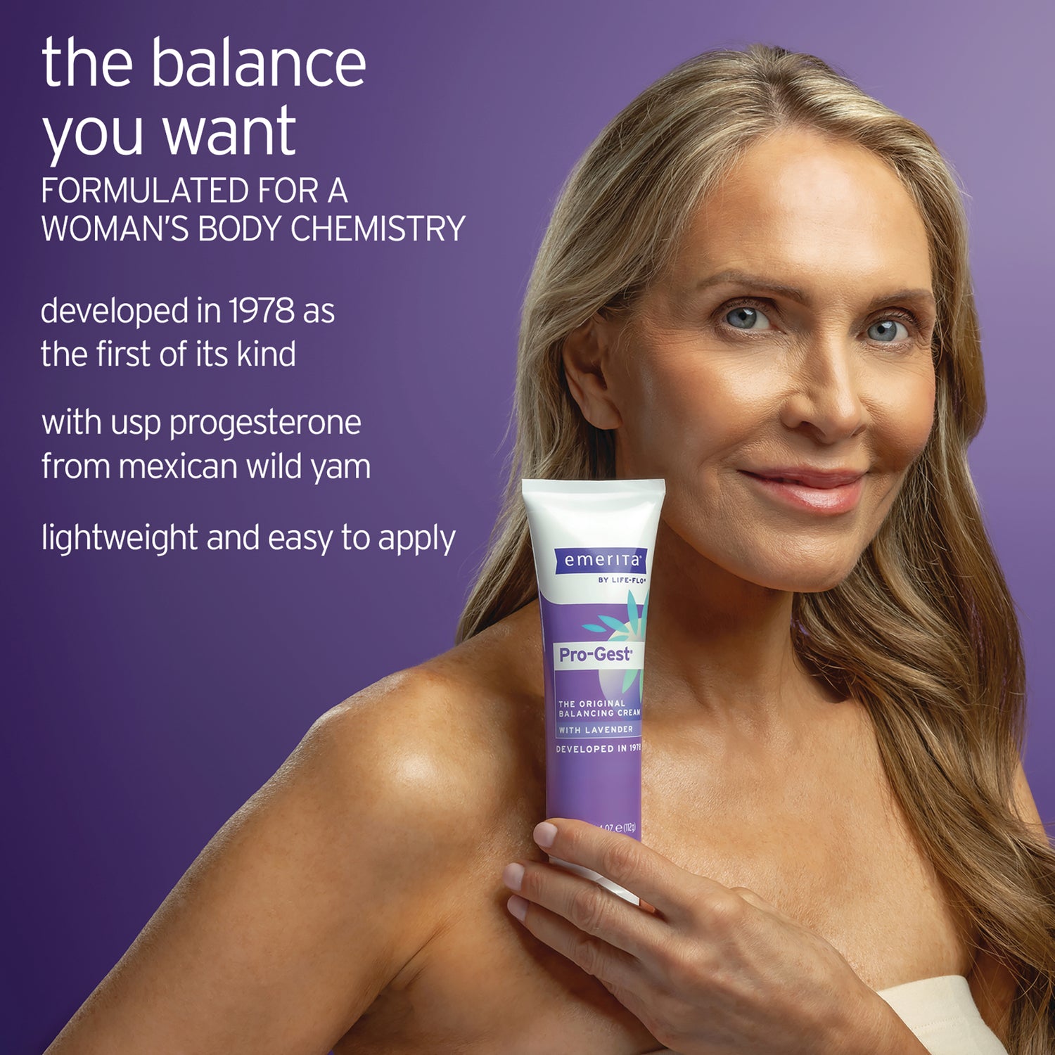EMR032 | Middle-aged woman holding tube labeled Pro-Gest balancing cream on purple background with text the balance you want