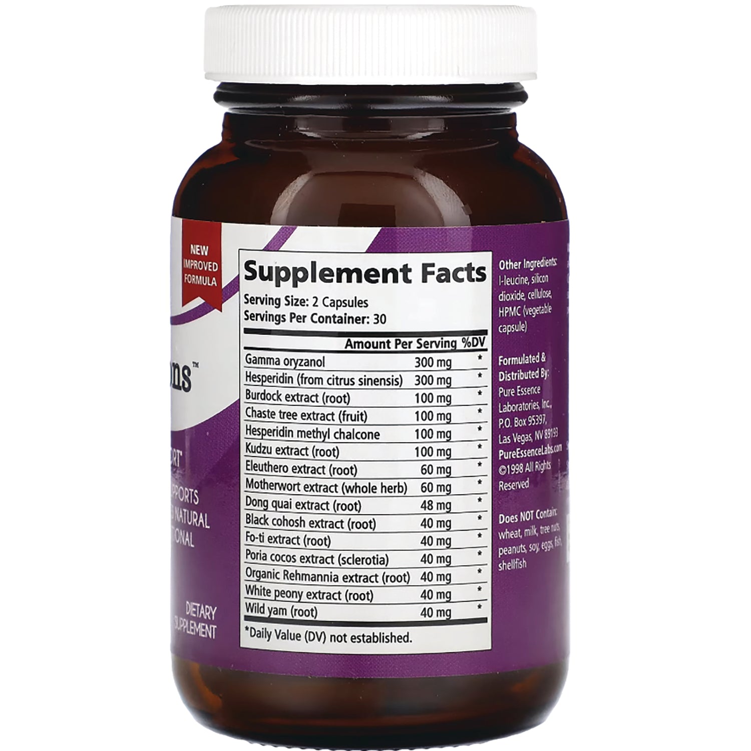 PEL053 | back of brown supplement bottle showing Supplement Facts panel and ingredient list