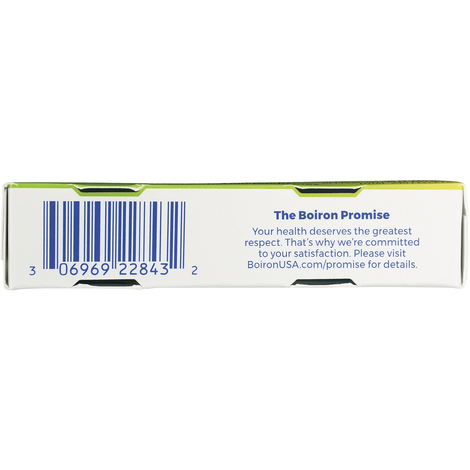 BRN098 | Box back showing barcode and text The Boiron Promise with a customer satisfaction message