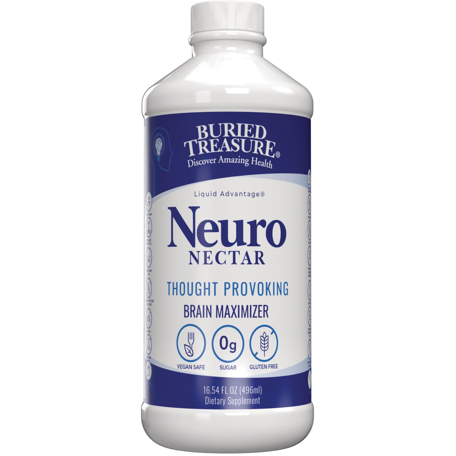 BTR027 | Buried Treasure Neuro Nectar bottle labeled Thought Provoking Brain Maximizer, vegan safe, 0g sugar, gluten free, 16.54 FL OZ