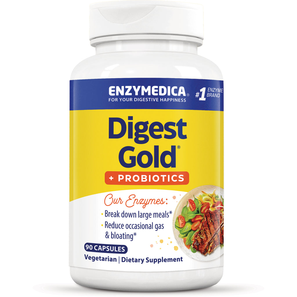 EMD029 | Enzymedica Digest Gold + Probiotics bottle front showing yellow label, 90 capsules vegetarian dietary supplement - Thumbnail