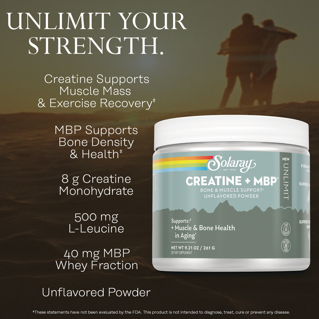 SLR550 | Solaray Creatine + MBP unflavored powder jar with support claims and product benefits - Thumbnail