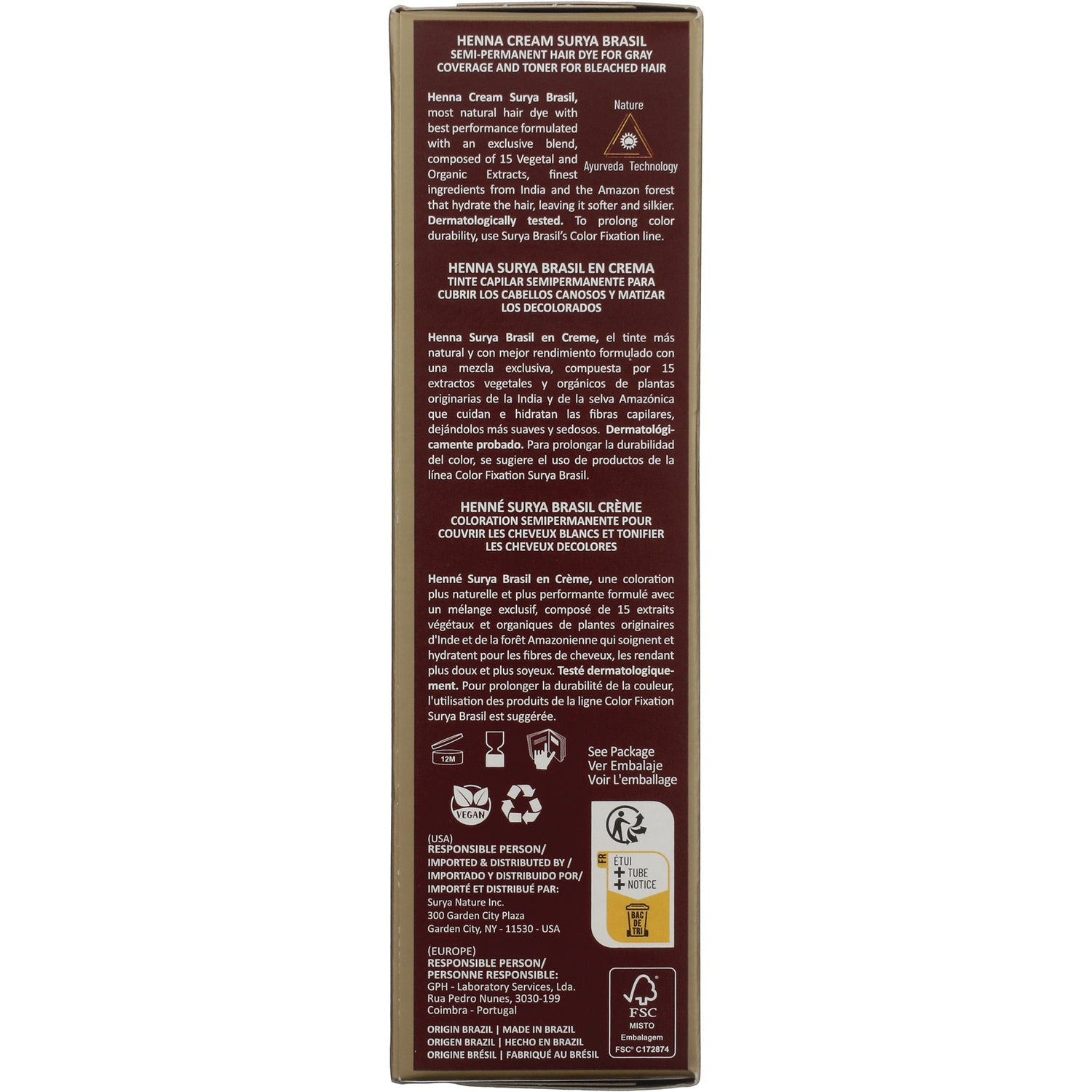 SUR027 | Henna Cream Surya Brasil hair dye side panel with product description, icons, and tube notice