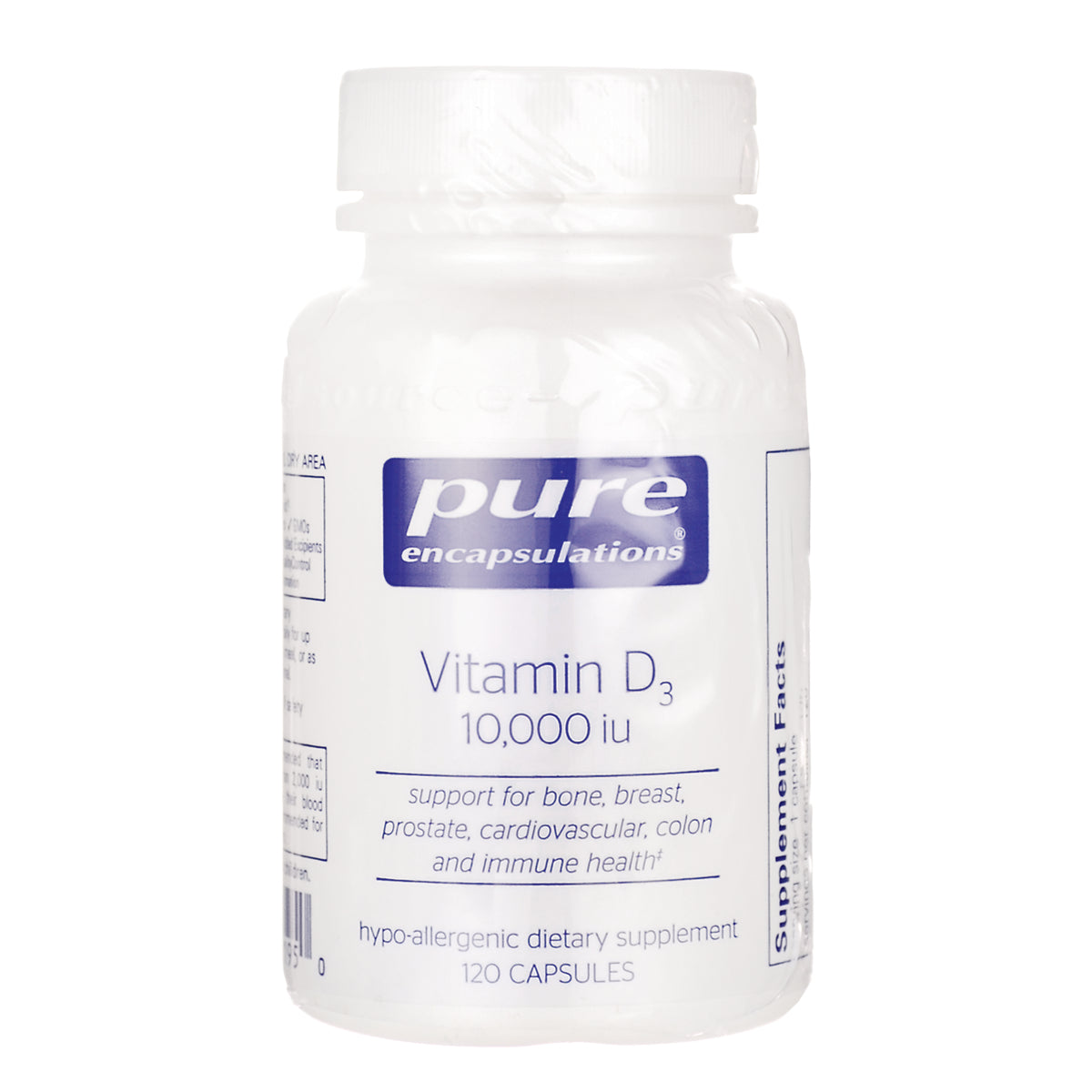 PRN085 | Pure Encapsulations Vitamin D3 10,000 IU white supplement bottle front label 120 capsules