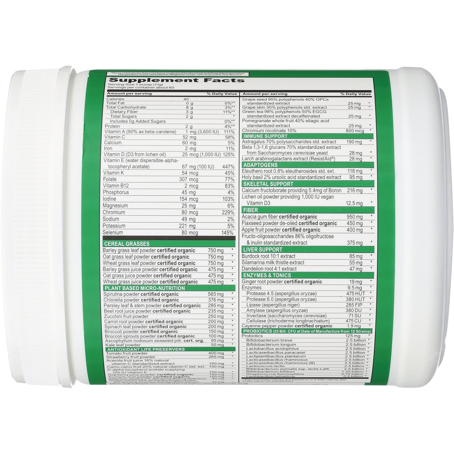 VH001 | Back label showing Supplement Facts panel, ingredients, and nutrition information on white tub