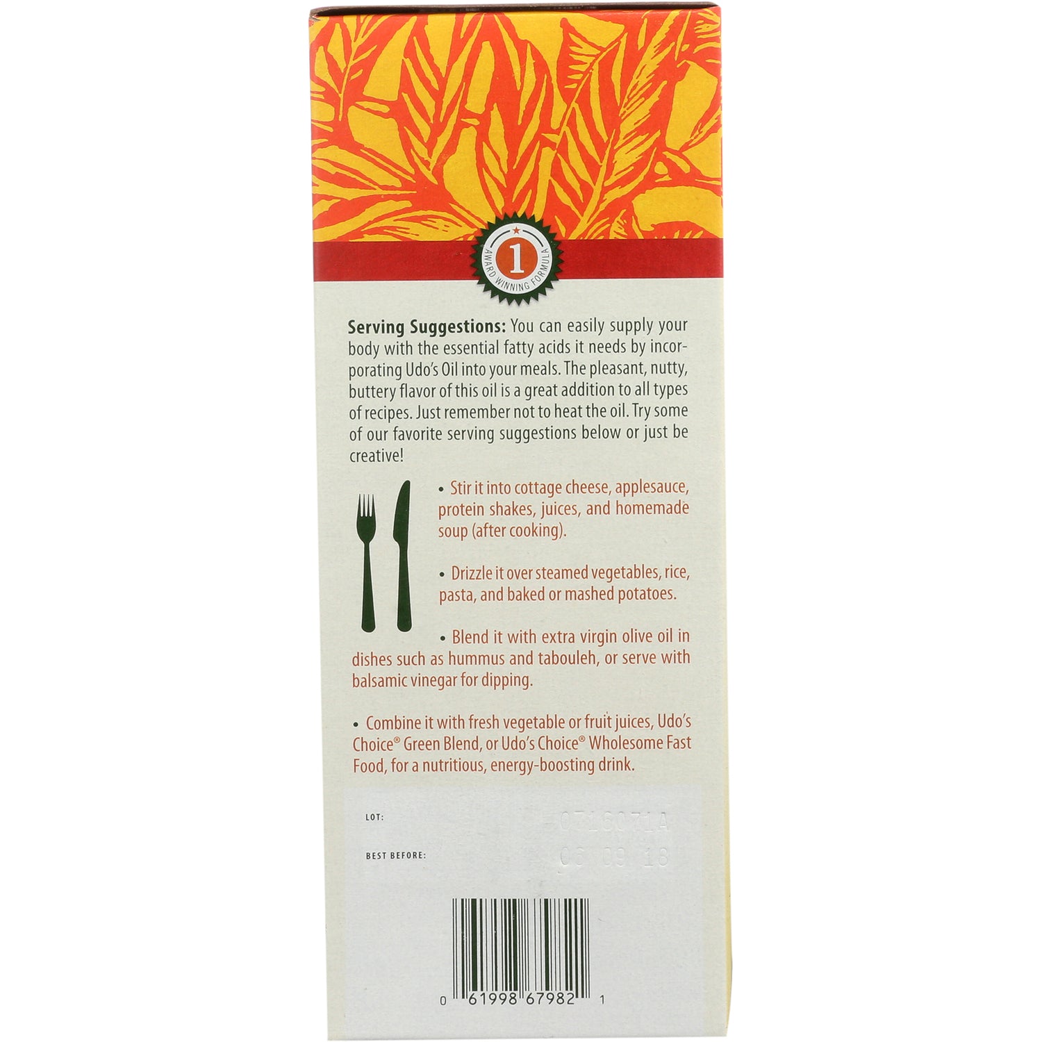 FL029 | Serving Suggestions and usage tips with utensils icon and barcode on product packaging