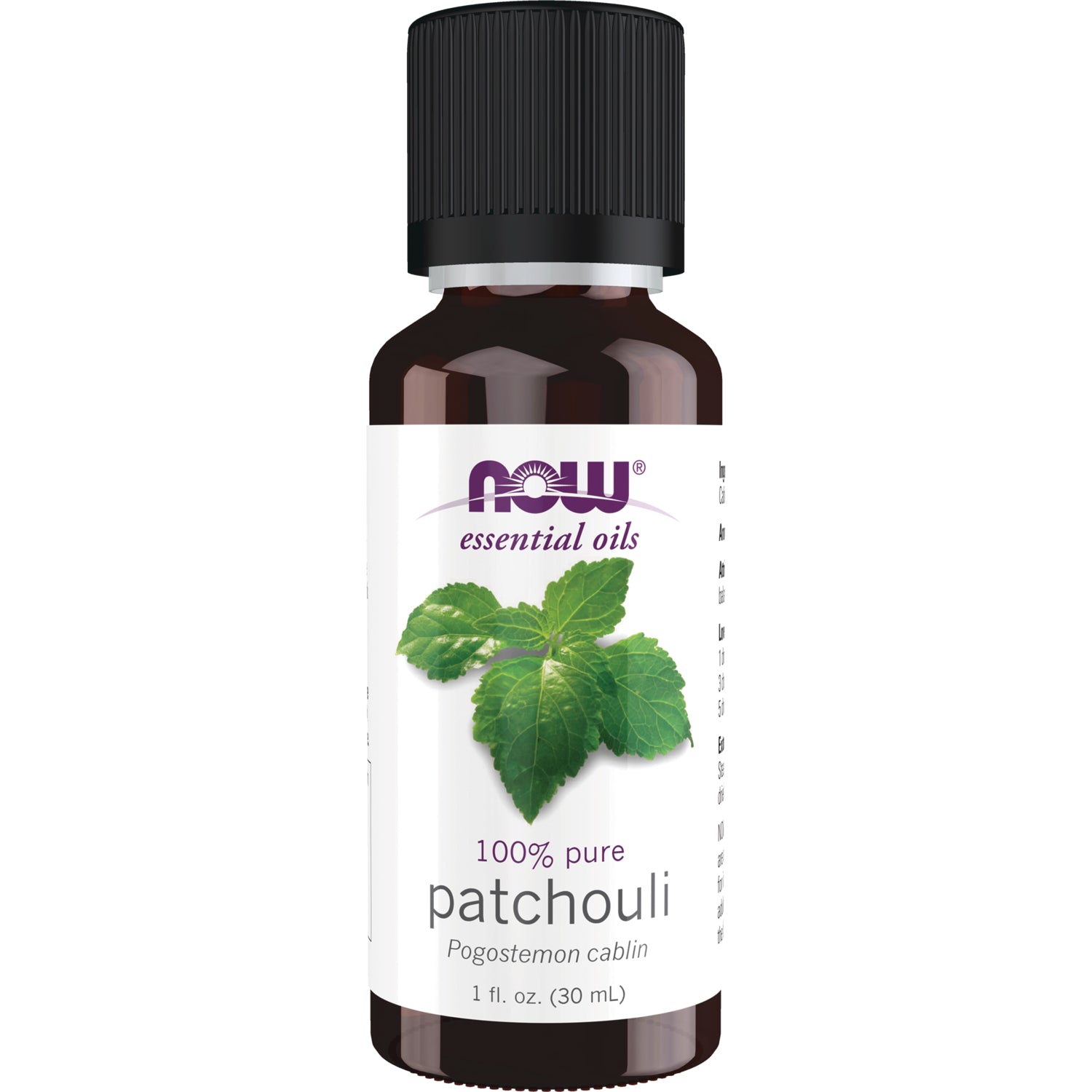 NWF199 | NOW essential oils patchouli 100% pure 1 fl. oz. brown bottle with green leaf label