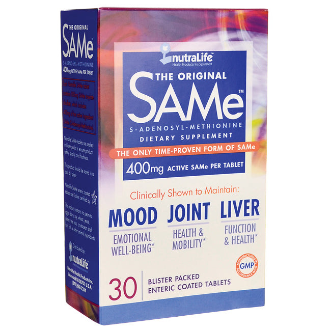 nutraLife THE ORIGINAL SAMe 400mg dietary supplement box front showing MOOD JOINT LIVER claims and 30 tablets