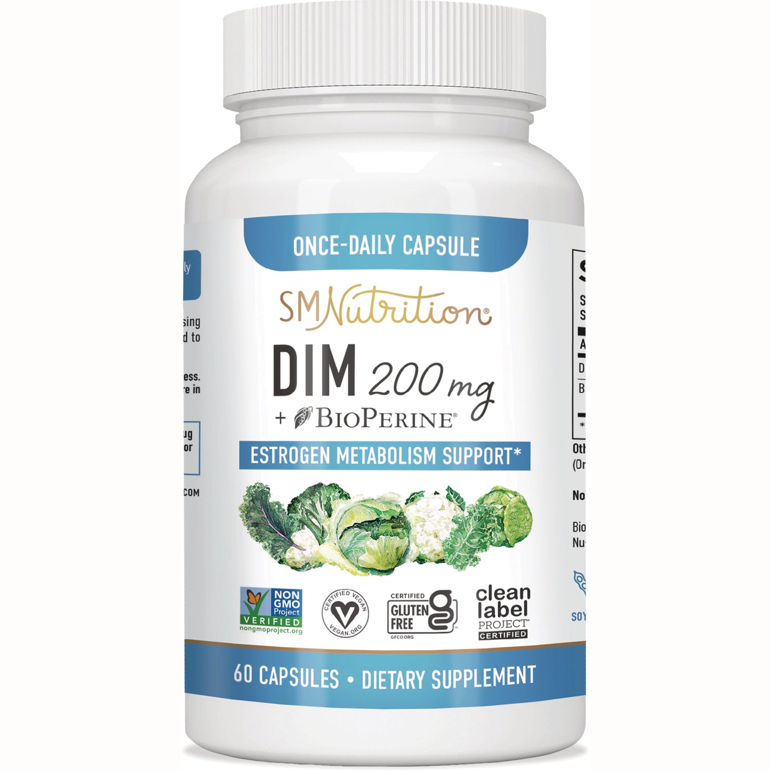 SMT002 | SMNutrition DIM 200 mg bottle front label, estrogen metabolism support, 60 capsules