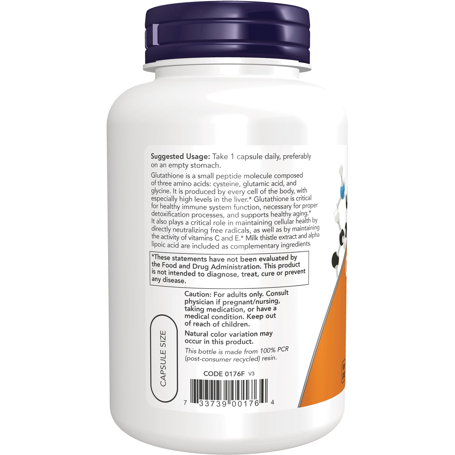 NWF1447 | Back label of white supplement bottle showing suggested usage, caution text and barcode