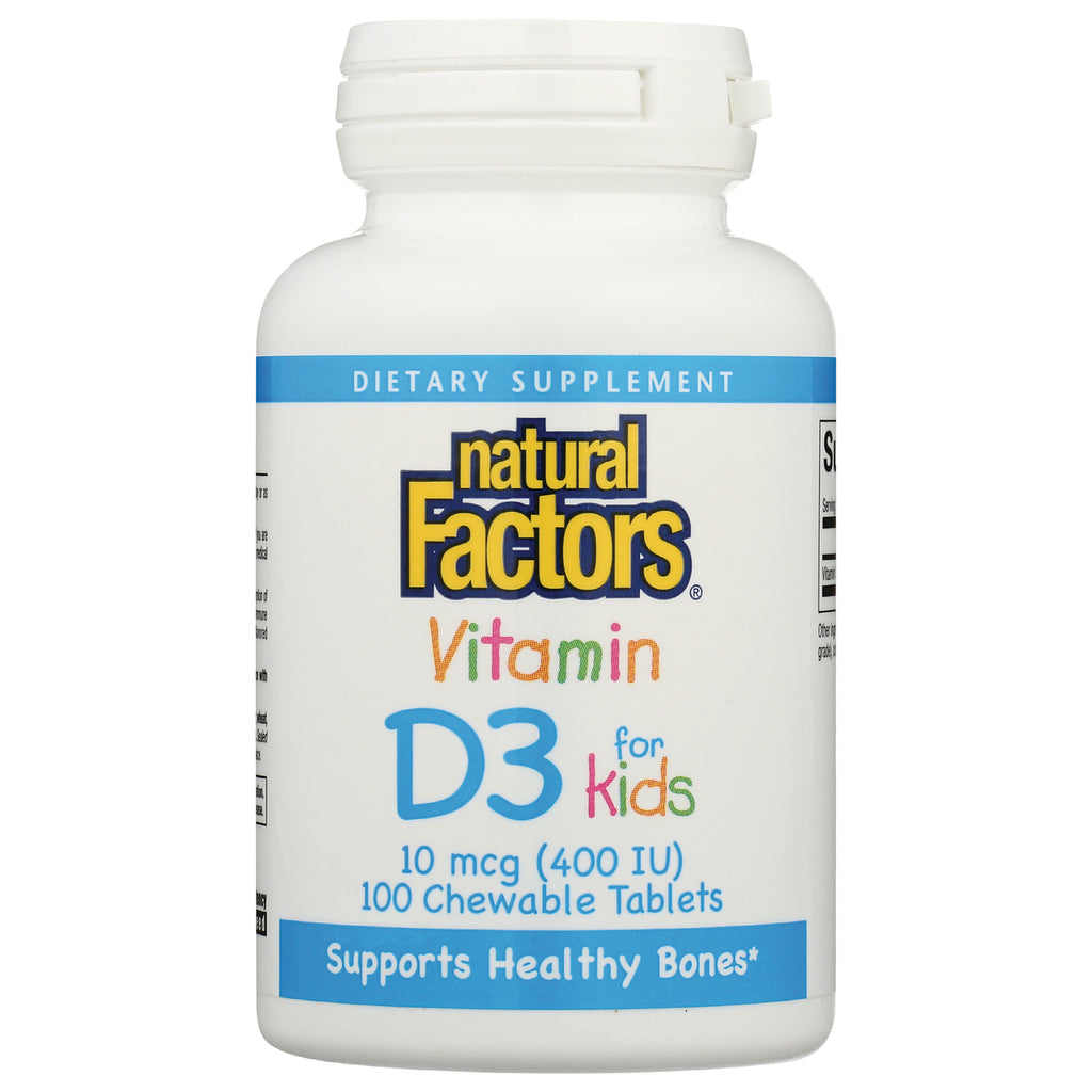 NFC126 | Natural Factors Vitamin D3 for kids bottle, 10 mcg (400 IU) 100 chewable tablets front label - Thumbnail