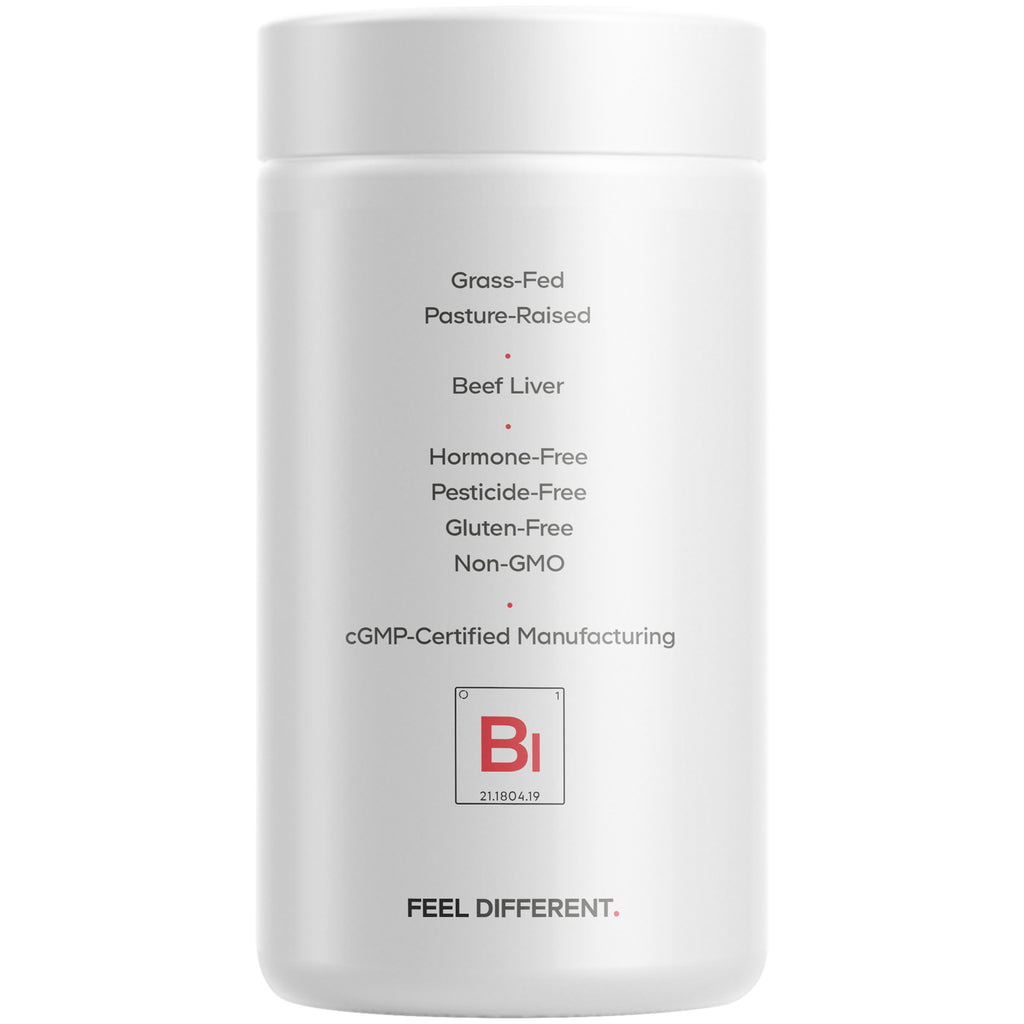 CDG023 | back label listing Grass-Fed, Pasture-Raised, Beef Liver, Hormone-Free, Pesticide-Free, Gluten-Free, Non-GMO, cGMP Certified Manufacturing and FEEL DIFFERENT - Thumbnail